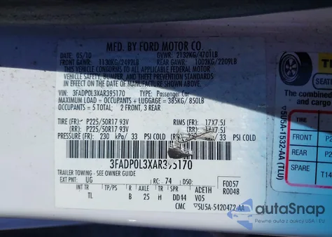 2010 Ford Fusion Hybrid from USA, damaged, VIN 3FADP0L3XAR395170